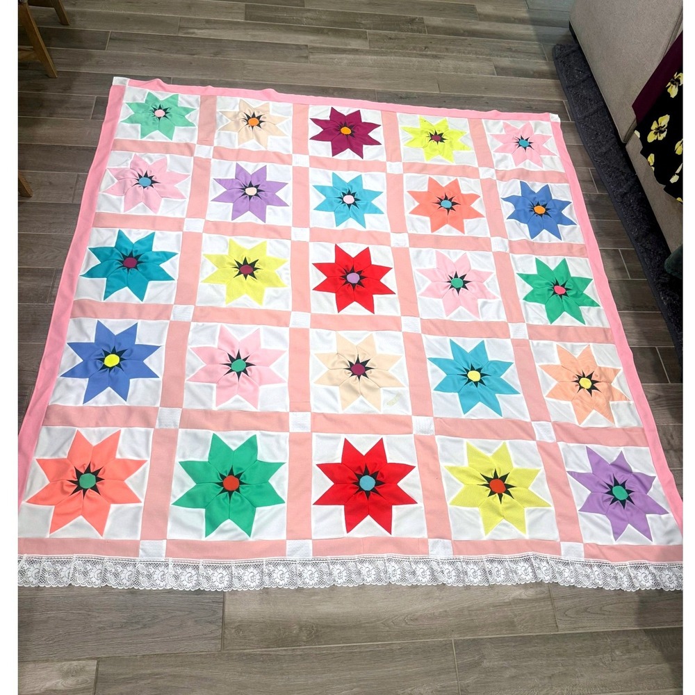 Handmade Patchwork Quilt Floral Star Blocks Lace Trim Multicolor 78x78 Throw